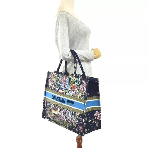 Auth Christian Dior Book Tote Large Handbag Tote Bag Navy Canvas - Picture 12 of 14